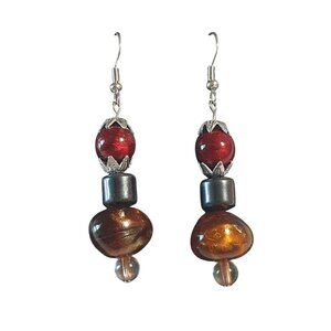 Glass Beaded Drop Earrings Handmade Red Gold Tone Accents Hook Hematite Gift Mom